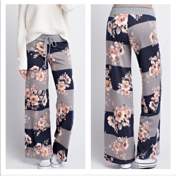 SwankStyles Pants - Navy and Charcoal Striped Floral drawstring Pants